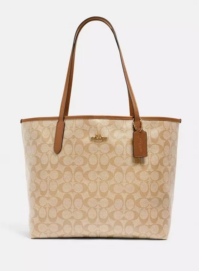 كوتش اوت ليت حقيبة توت كوتش سيتي من قماش سيجنيتشر، حقيبة كتف نسائية، حقيبة تسوق نسائية، حقيبة يد نسائية، حقيبة سفر نسائية، 33 سم - كاكي - بني - Image 2